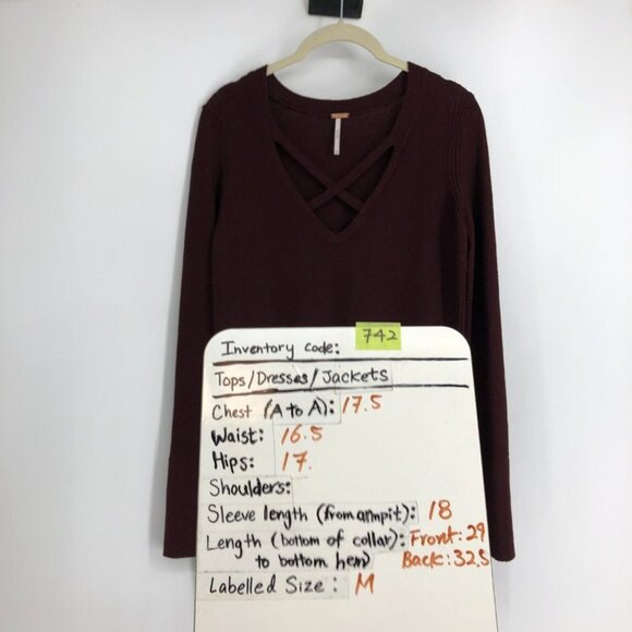 Free People Burgundy Criss Cross Neckline Rayon Blend Tunic Sweater size M - Picture 15 of 16
